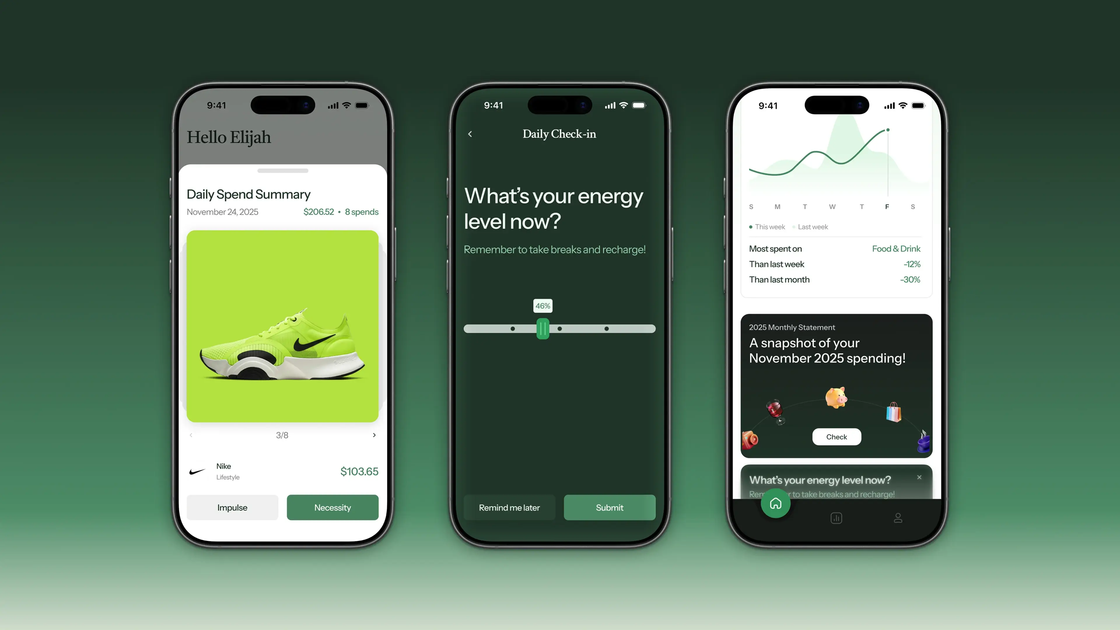 Nudge mobile application screenshot showing home screen, calendar and notes icon